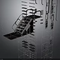 3D Modeled Industrial Structural Components With Metal Staircase And Platform Frames