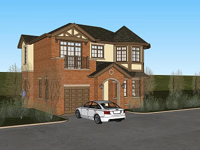 Two Story Red Brick Detached House With Garage And White Car In Front Yard 3d model