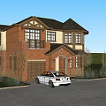 Two Story Red Brick Detached House With Garage And White Car In Front Yard