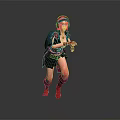 Dynamic Female Character In Action Wearing Headphones Goggles Dark Outfit Backpack Red Gloves Purple Boots