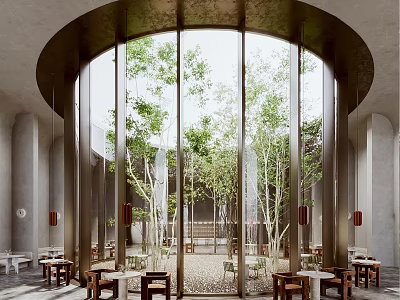 Elegant Modern Restaurant Interior With Circular Glass Windows Indoor Trees And Wooden Tables 3d model