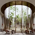 Elegant Modern Restaurant Interior With Circular Glass Windows Indoor Trees And Wooden Tables