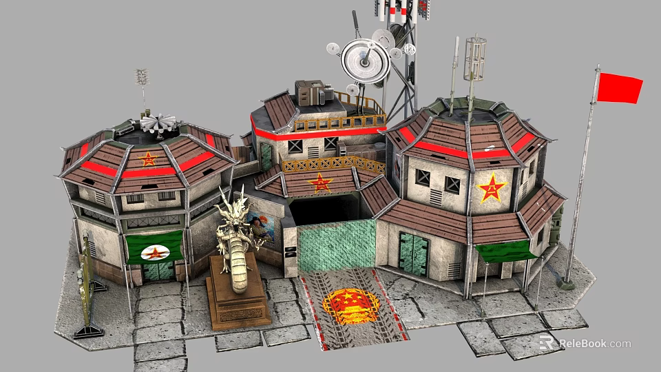 Cartoon Military Base Scene With Red Star Buildings Dragon Statue And Radar 3d model 