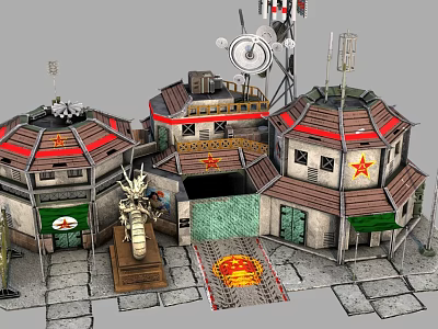 Cartoon Military Base Scene With Red Star Buildings Dragon Statue And Radar 3d model