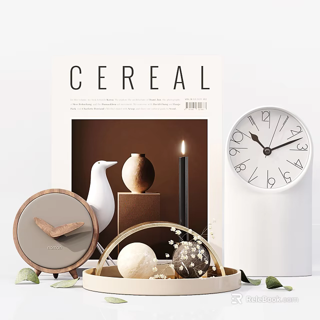 Stylish Decorative Ornament Set With White Bird Clay Pot Candle Decorative Balls And Metal Tray 3d model 