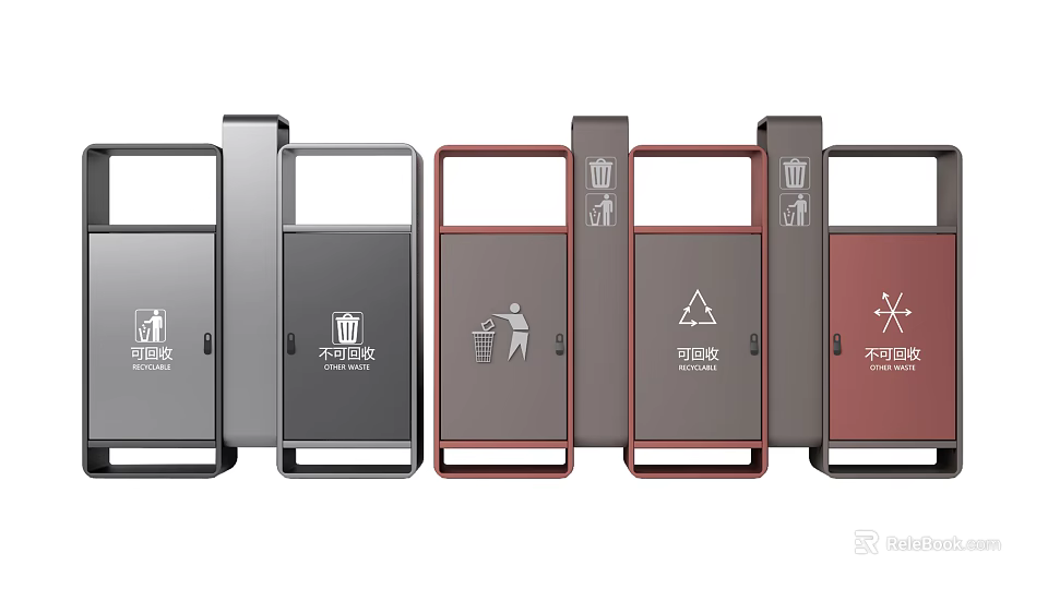 Public Facility Classified Trash Bins With Different Colors And Clear Recycling Labels 3d model 