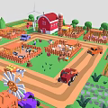 Colorful Cartoon Farm Scene Featuring Houses Barn Trees Animals Trucks Fences And Crops