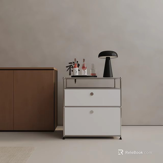Modern Minimalist Side Table With White Drawers Metal Frame Black Table Lamp And Decorative Items 3d model 