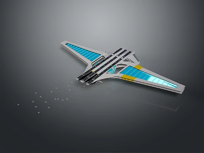 Futuristic Aircraft Model With Blue Yellow Accents And Wing Structure Design 3d model