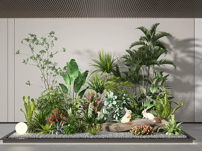 Indoor Garden Landscape With Diverse Green Plants Palm Ferns Succulents White Duck Decorations Glowing Sphere 3d model