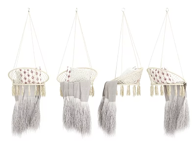Woven Hanging Chairs With Tassels And Gray White Cushions For Home Decor 3d model