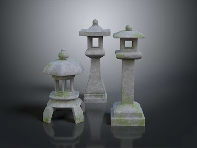 Three Variously Designed Stone Lanterns With Mossy Surfaces On Reflective Dark Background 3d model