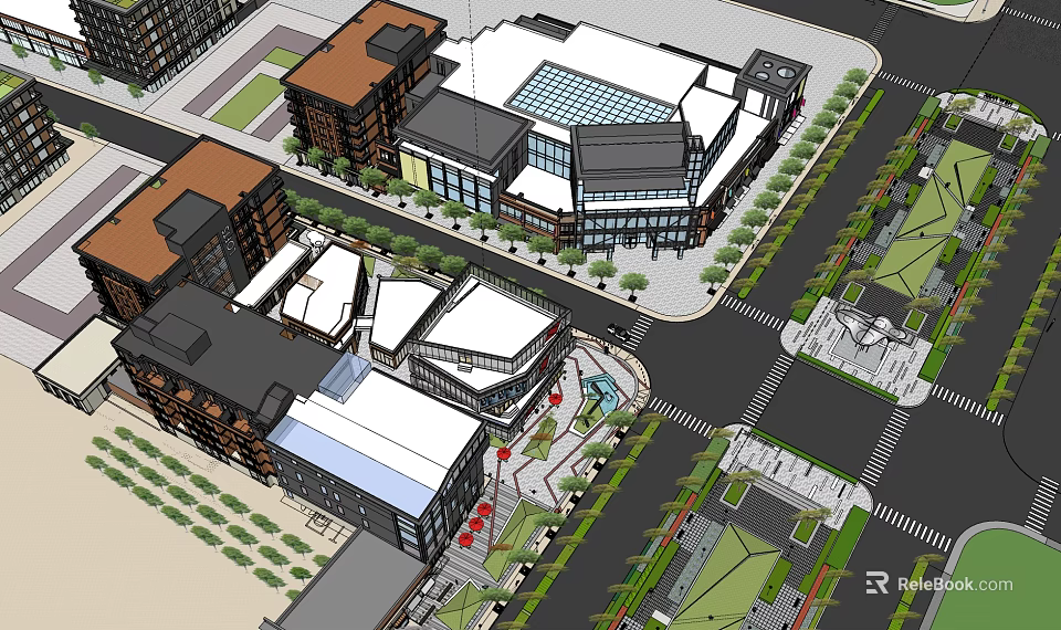 Modern Urban Commercial Complex With Multiple Buildings Green Spaces And Plaza Areas 3d model 