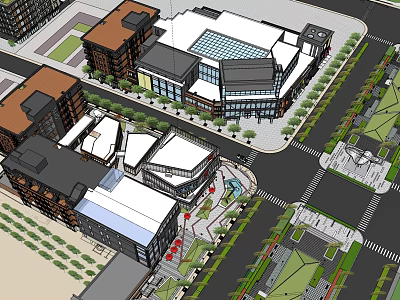 Modern Urban Commercial Complex With Multiple Buildings Green Spaces And Plaza Areas 3d model