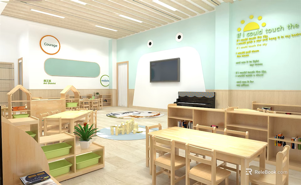 Bright Kindergarten Classroom Interior with Wooden Furniture TV Piano Bookshelves Play Mat Green Plants 3d model 