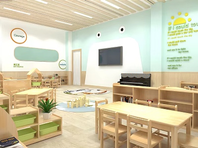 Bright Kindergarten Classroom Interior with Wooden Furniture TV Piano Bookshelves Play Mat Green Plants 3d model