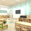 Bright Kindergarten Classroom Interior with Wooden Furniture TV Piano Bookshelves Play Mat Green Plants