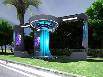 Futuristic Tech Installation With Blue Light Beam Circular Top And Screens In Green Outdoor Area 3d model