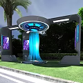 Futuristic Tech Installation With Blue Light Beam Circular Top And Screens In Green Outdoor Area