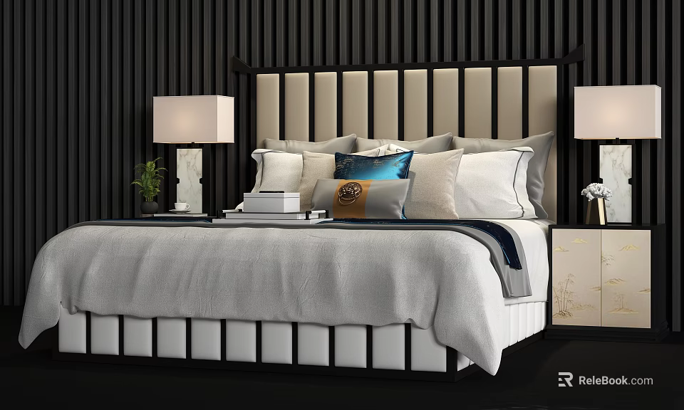 Double Bed Interior Featuring Striped Headboard Blue Orange Pillows And Bedside Table Lamps 3d model 