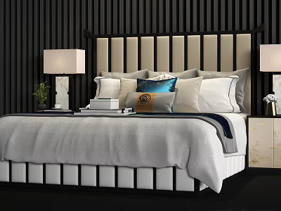 Double Bed Interior Featuring Striped Headboard Blue Orange Pillows And Bedside Table Lamps 3d model