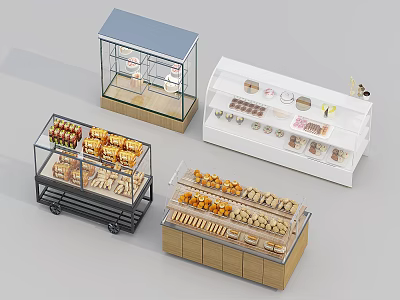 Bakery Display Shelves With Glass Doors And Wooden Bases For Bread And Pastries 3d model