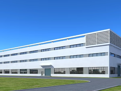 Modern Industrial Factory Building Featuring White Exterior Large Windows Green Lawn And Blue Sky 3d model