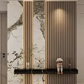 Elegant Foyer Hallway Interior With Marble Wall Wooden Slats And Black Shelf Decorative Items