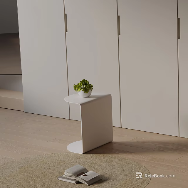 Minimalist White Side Table With Green Plant On Top And Light Colored Cabinets 3d model 