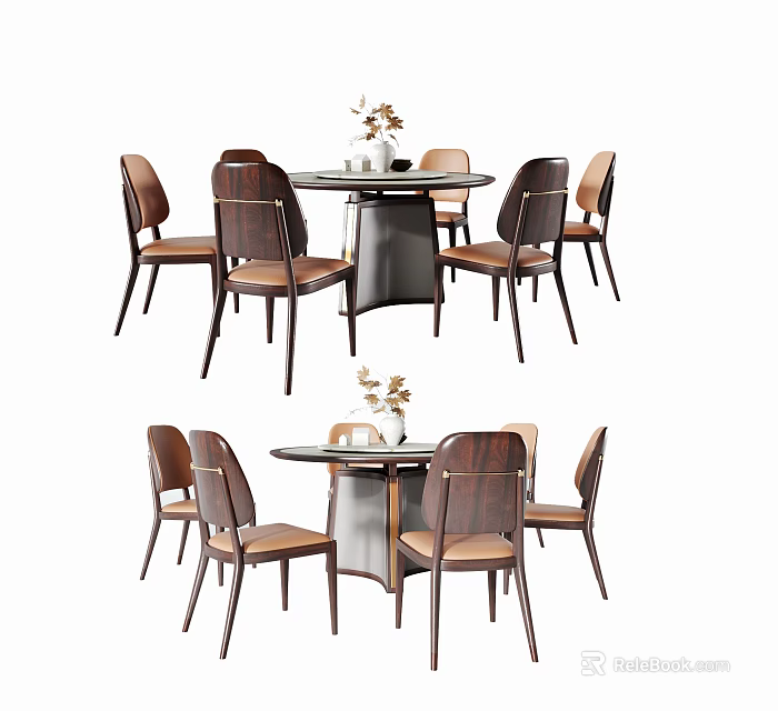 Modern Round Dining Table Set With Wooden Leather Chairs And Tabletop Flower Decor 3d model