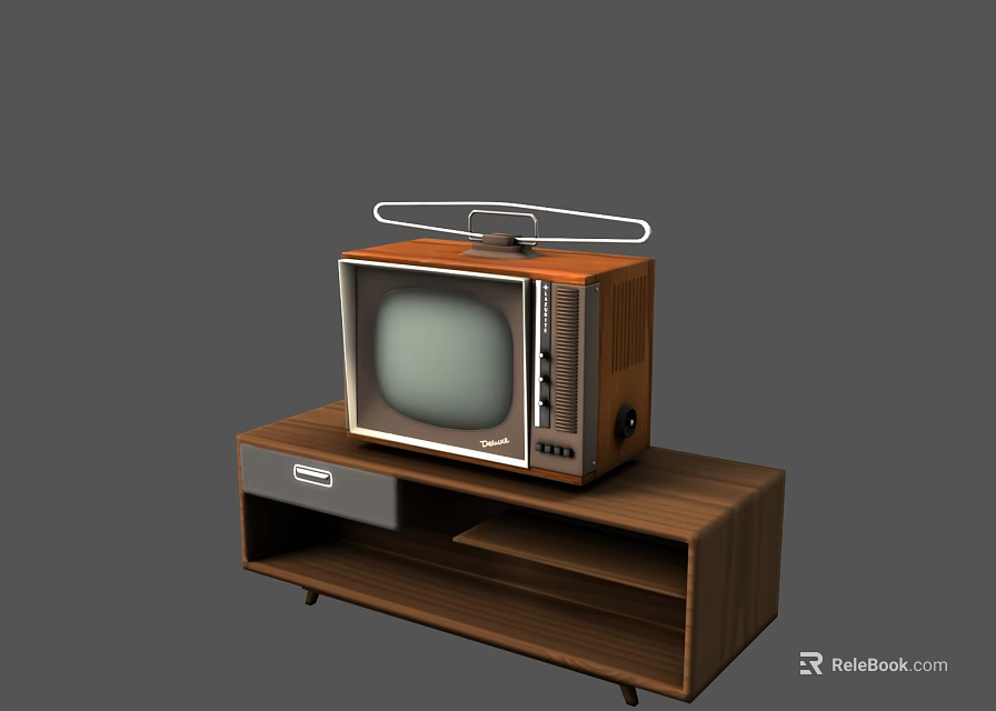 Vintage TV with Wooden Case and Top Antenna on Wooden Stand with Drawer and Shelves 3d model 