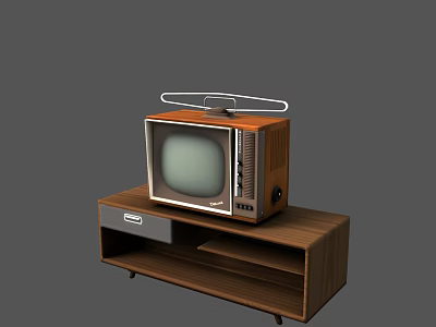 Vintage TV with Wooden Case and Top Antenna on Wooden Stand with Drawer and Shelves 3d model