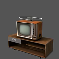 Vintage TV with Wooden Case and Top Antenna on Wooden Stand with Drawer and Shelves