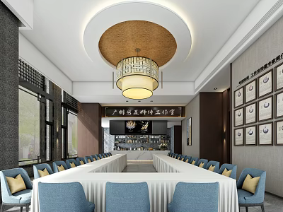 Modern Public Office Space Interior Design With Long Table Blue Chairs Chandelier And Wall Certificates 3d model