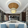 Modern Public Office Space Interior Design With Long Table Blue Chairs Chandelier And Wall Certificates