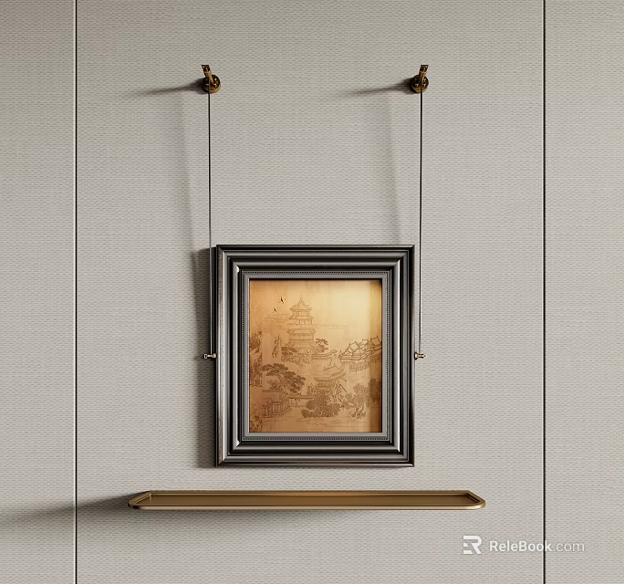 Abstract Painting In Black Frame Featuring Landscape Elements Hanging On Wall With Golden Shelf Below 3d model 