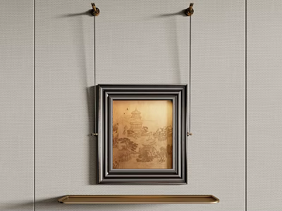 Abstract Painting In Black Frame Featuring Landscape Elements Hanging On Wall With Golden Shelf Below 3d model