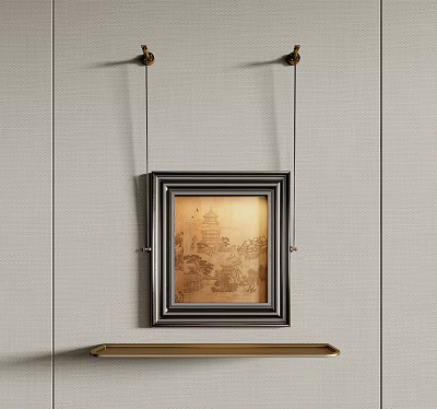 Abstract Painting In Black Frame Featuring Landscape Elements Hanging On Wall With Golden Shelf Below 3d model