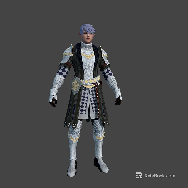 Detailed Fantasy 3D Character With Blue Hair And Black White Checkered Outfit Having Golden Decorations 3d model