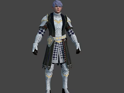 Detailed Fantasy 3D Character With Blue Hair And Black White Checkered Outfit Having Golden Decorations 3d model