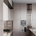 Modern Kitchen Interior Featuring Slatted Cabinets Marble Countertop And Herringbone Floor 3d model