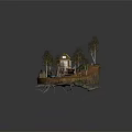 Cartoon Scene Featuring Floating Island Yellow House Trees Wooden Platform And Stairs