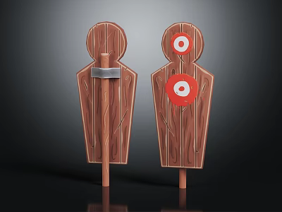 Wooden Human Shaped Targets With Axe And Red Bullseyes For Sports Training 3d model