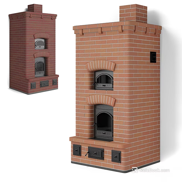 Traditional Brick Fireplace Interior With Double Oven Chamber And Decorative Brickwork 3d model 