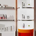 Stylish Cosmetic Display Shelves With White Orange Design Advertising Panels Lipsticks And Bottles