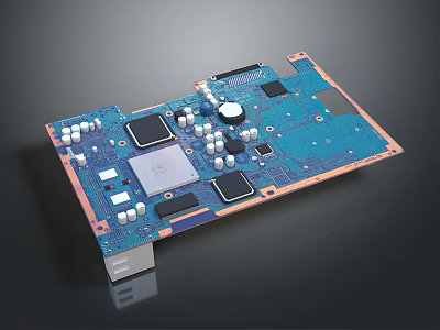 Detailed Computer Circuit Board With Components Chips Capacitors Blue Design Copper Edges 3d model