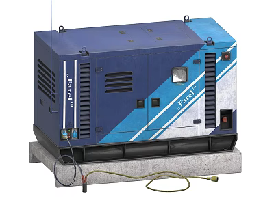 Blue Industrial Generator With White Stripes Gray Base Control Panel And Connected Cables 3d model