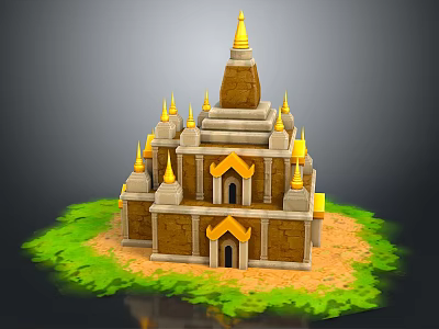 Cartoon Scene of Multi Tiered Brick Building with Golden Spires on Green Grass Sandy Ground 3d model