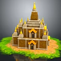 Cartoon Scene of Multi Tiered Brick Building with Golden Spires on Green Grass Sandy Ground