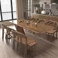 Rustic Wooden Dining Table Set With Four Chairs And Fruit Vases Near Wooden Cabinets